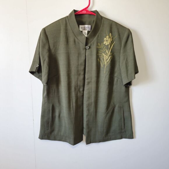 Sweaters - Studio 1 Petite Olive Green Embroidered Short Sleeve Blazer Jacket 10P VTG